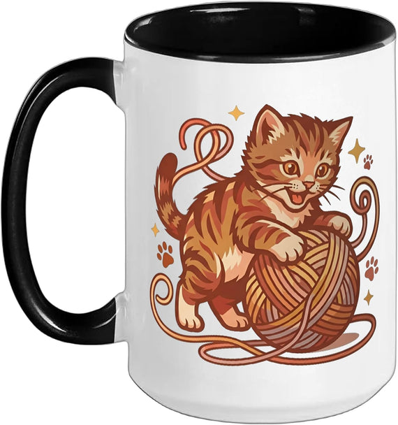 Playful Kitten With Yarn Ball, Warm Color Pop Art Ceramic Mug