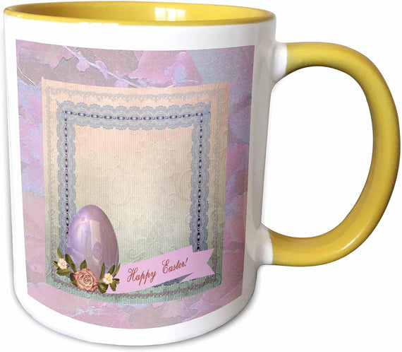 Pink Easter Egg With Roses On Lace Trimmed Frame, Yellow Ceramic Mug