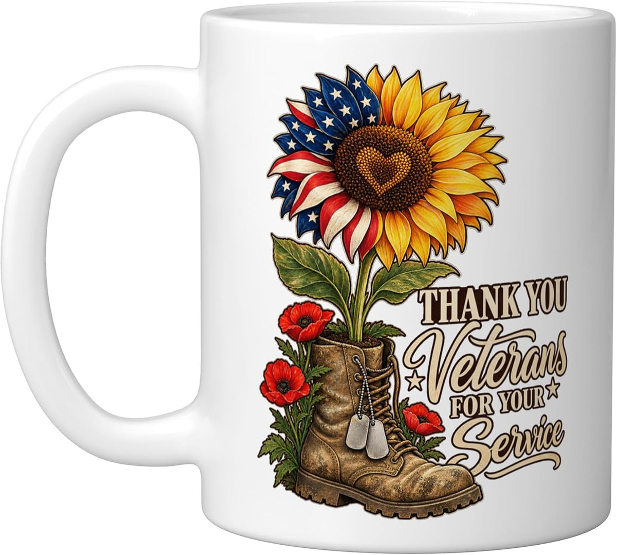 Thank You Veterans Sunflower Boot Poppies Flag Service Day Ceramic Mug