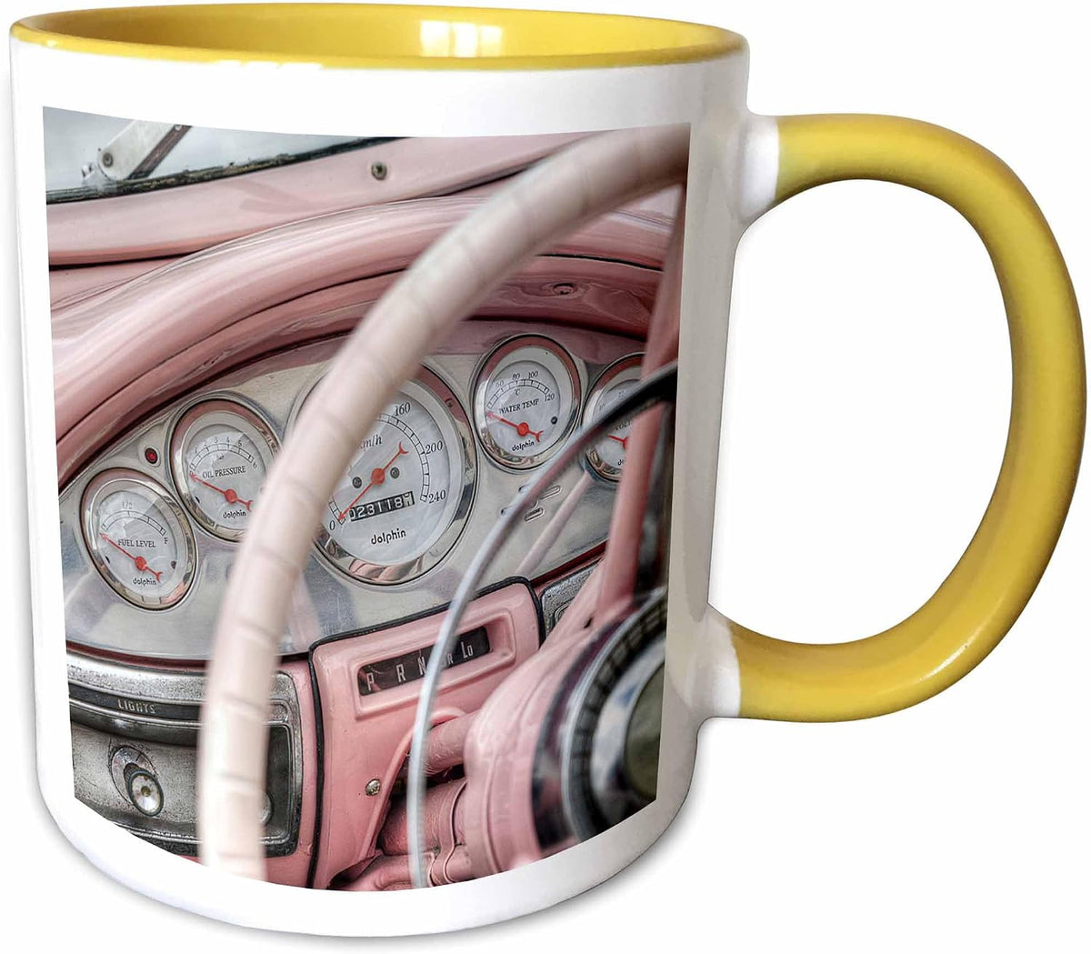 Old Pink Car, Close Up Of Dash And Wheel Ceramic Mug