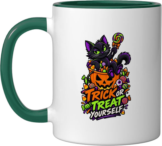 Trick Treat Yourself Black Cat Halloween Dark Ceramic Mug