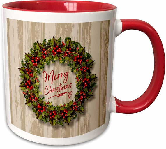 Holly Wreath Design with Text Merry Christmas Ceramic Mug