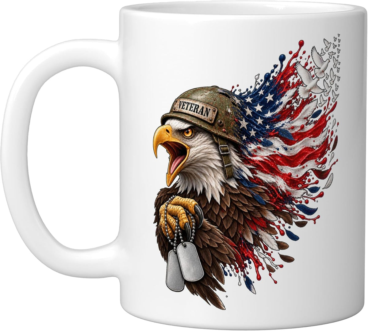 Bald Eagle Veteran Helmet American Flag Doves Veterans Day Ceramic Mug