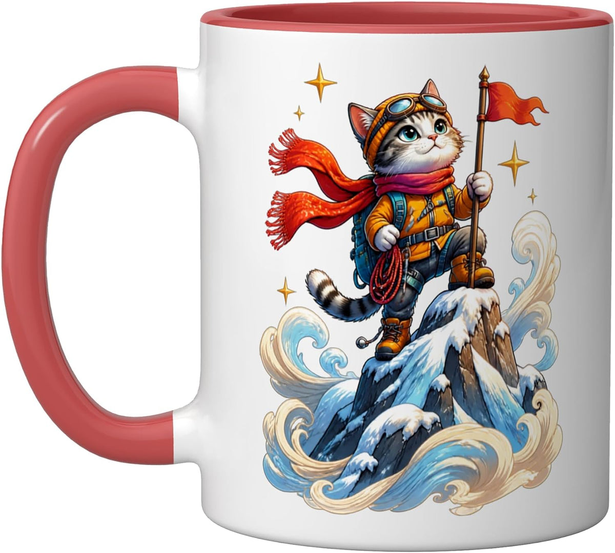 Cute Cat Mountain Climber Adventure Peak Flag Ceramic Mug