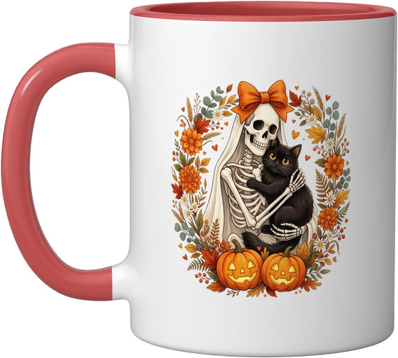 Skeleton Holding Cat Halloween Costume Spooky Season Ceramic Mug