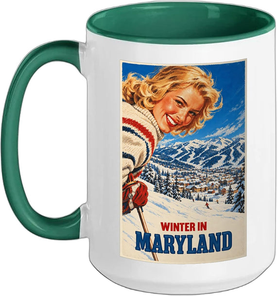Winter in Maryland Funny Vintage Ski Poster Style Ceramic Mug