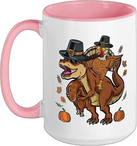 Turkey Riding Pilgrim T-Rex Thanksgiving Kids Ceramic Mug