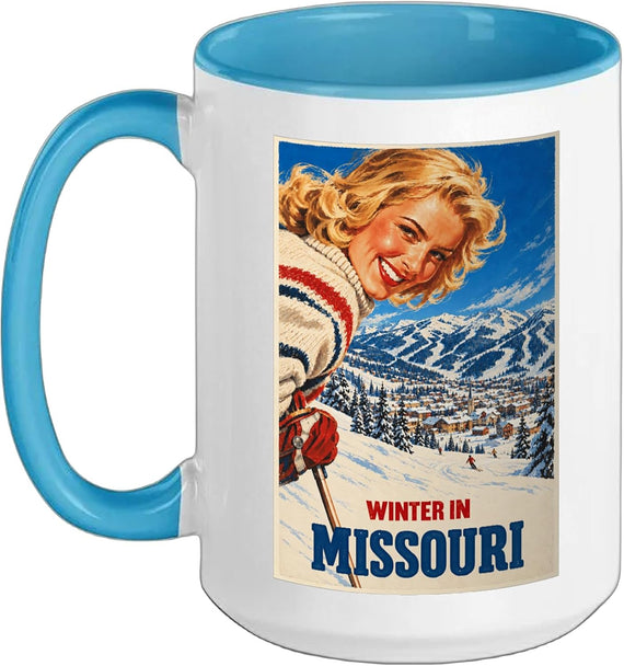 Winter in Missouri Funny Vintage Ski Poster Style Ceramic Mug