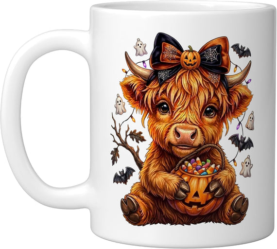 Funny Cute Halloween Highland Cow Spooky Pumpkin Candy Art Ceramic Mug