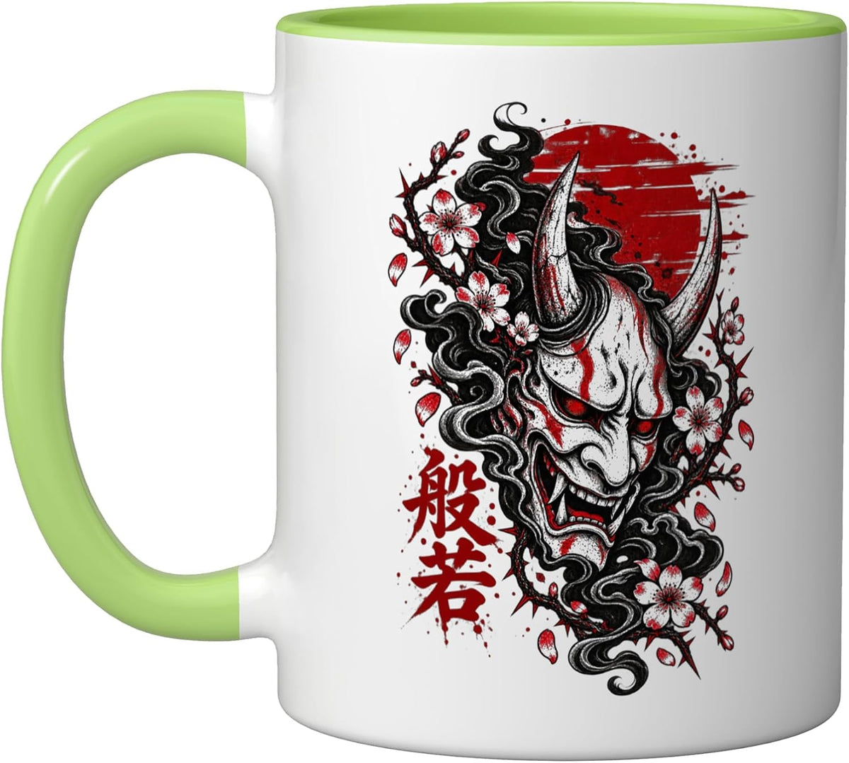 Japanese Hannya Mask Cherry Blossom Red Sun Tattoo Style Ceramic Mug