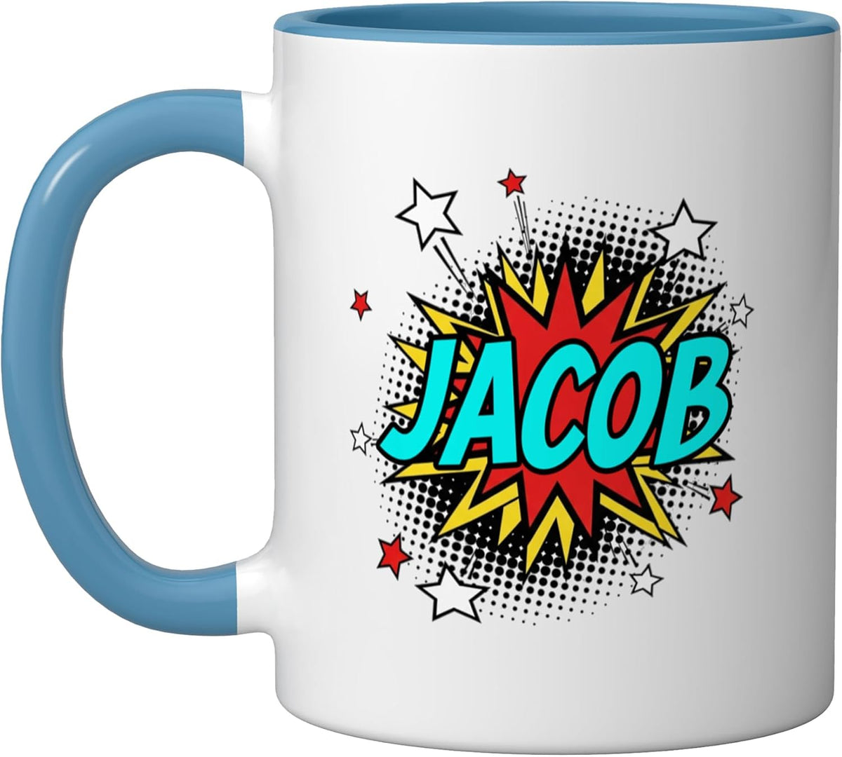 Funny Personalized Name Comic Pop Art Superhero Jacob Ceramic Mug