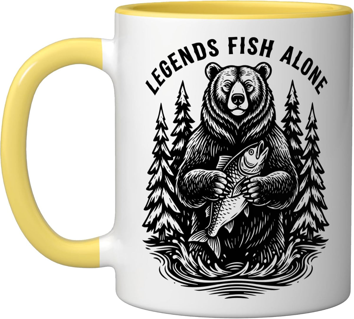 Legends Fish Alone Bear Fishing Black Woodcut Ceramic Mug