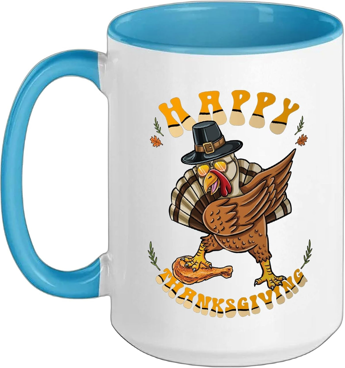 Happy Thanksgiving Dancing Turkey Pilgrim Hat Ceramic Mug