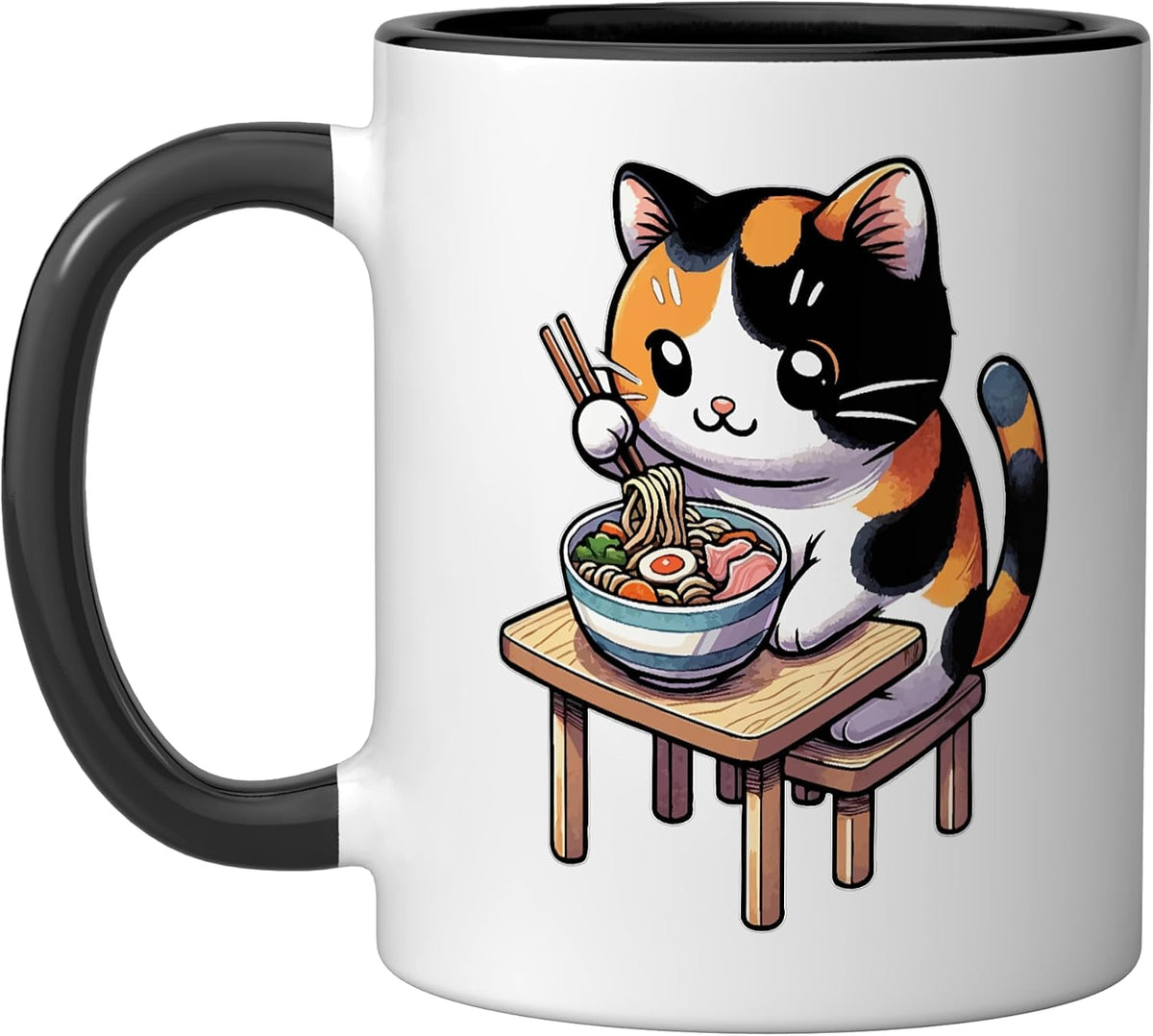 Calico Cat Eating Japanese Ramen Feline Kawaii Calico Cat Ceramic Mug