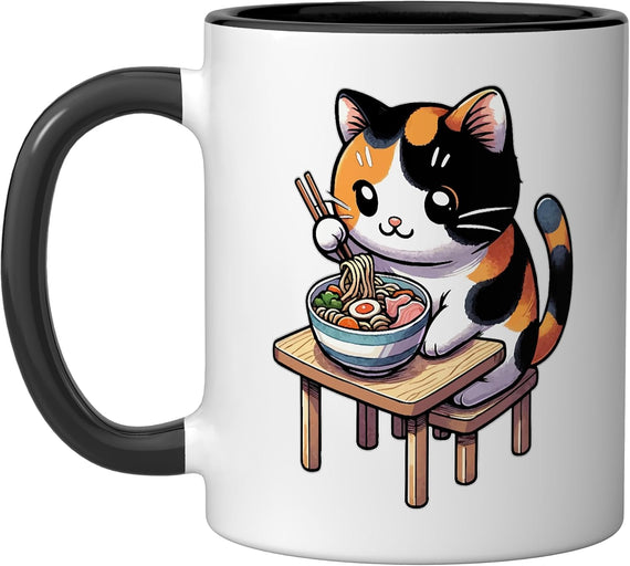 Calico Cat Eating Japanese Ramen Feline Kawaii Calico Cat Ceramic Mug