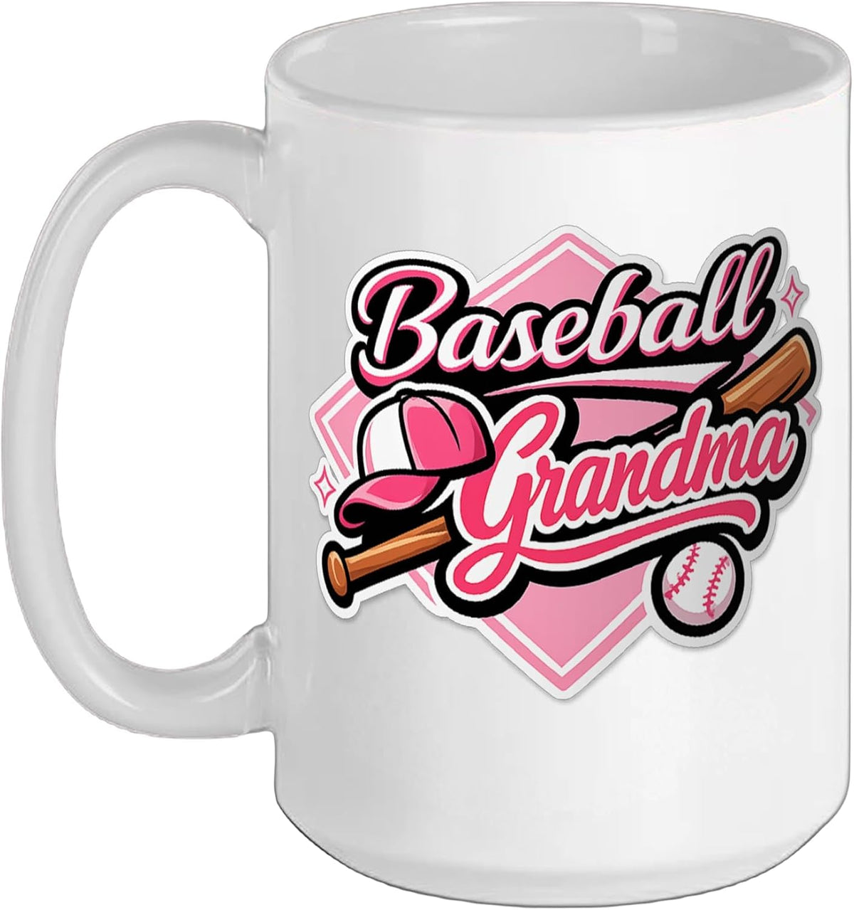 Baseball Grandma Pink Script Diamond Game Day Design Ceramic Mug
