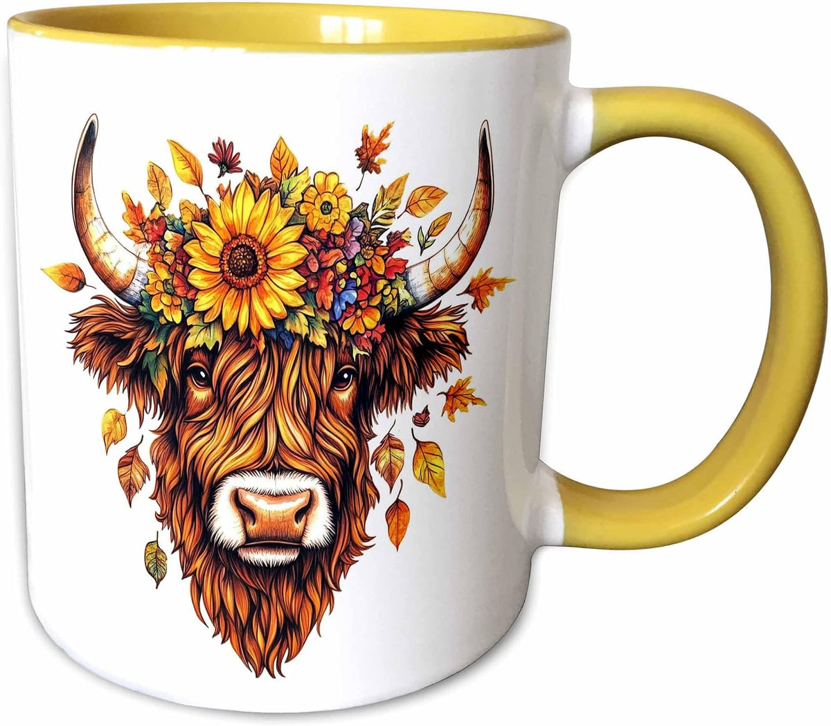 Pretty Floral Highland Cow Face Art Ceramic Mug