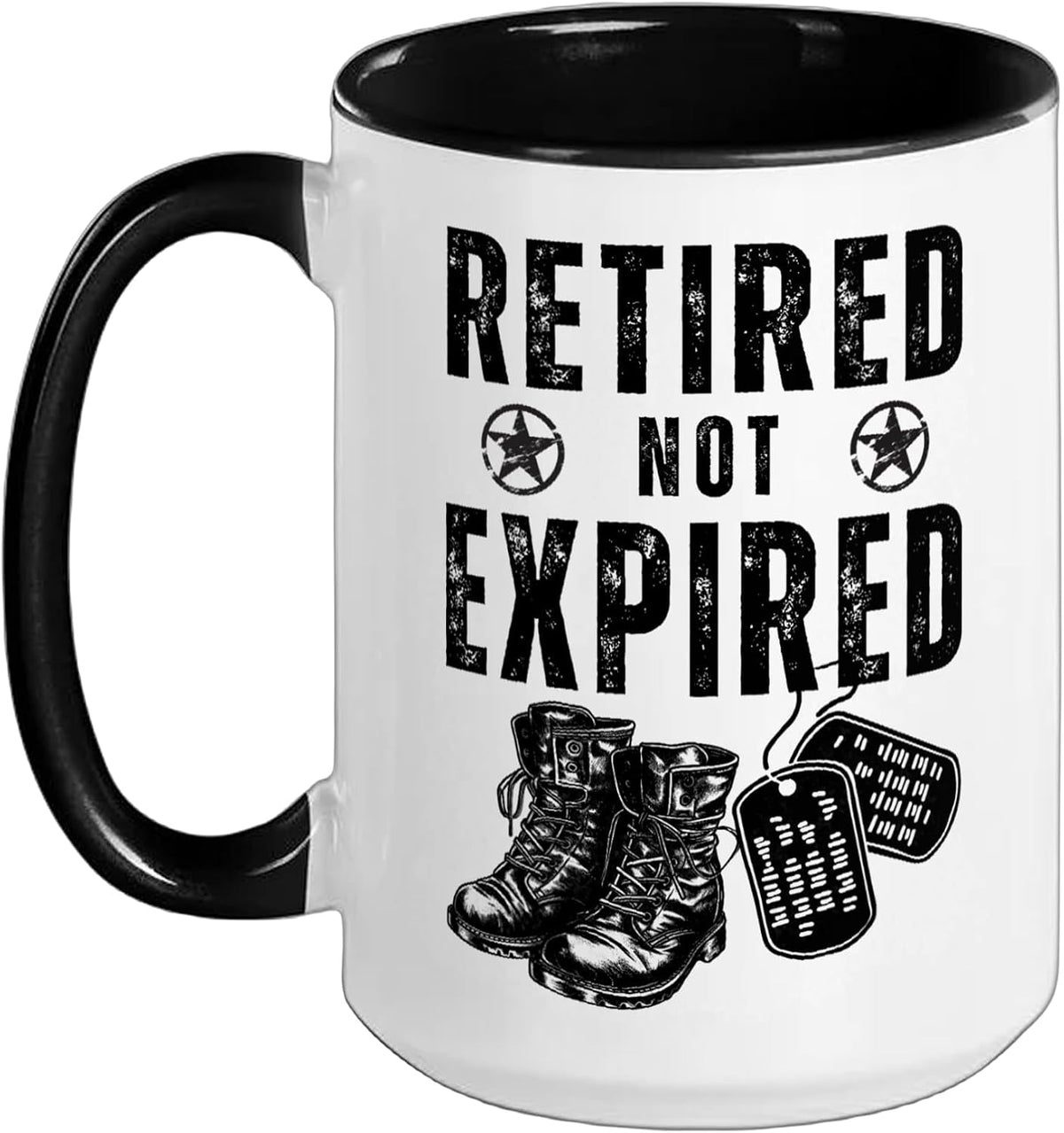 Military Retired Not Expired Veteran Combat Boots Dog Tags Ceramic Mug