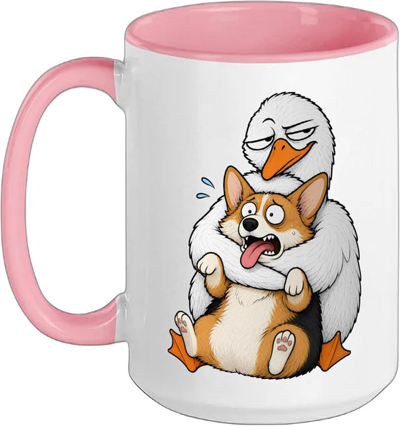 Funny Sarcastic Silly Goose Hugging Corgi Dog Hug Humor Ceramic Mug