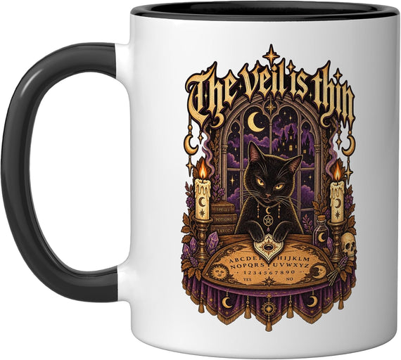 Fortune Teller Tarot Cat Witchy Halloween the Veil Is Thin Ceramic Mug
