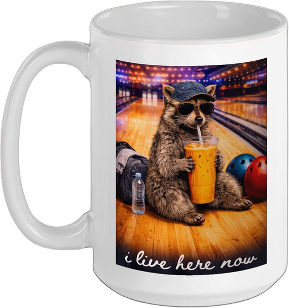 Funny Raccoon Bowling Bowler I Live Here Now Ceramic Mug