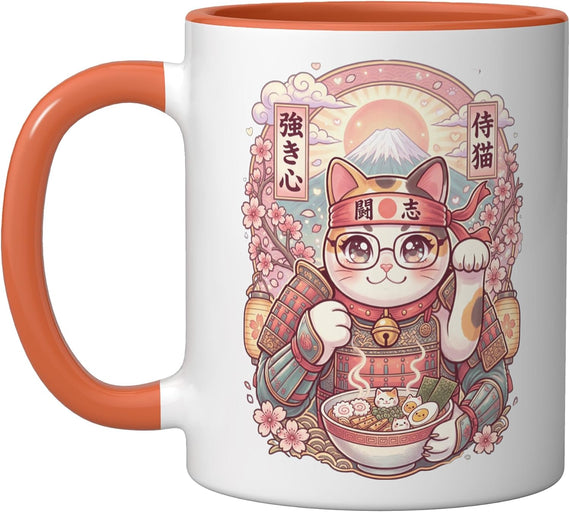 Waving Cat Ramen Kawaii Japan Samurai Graphic Snack Ceramic Mug