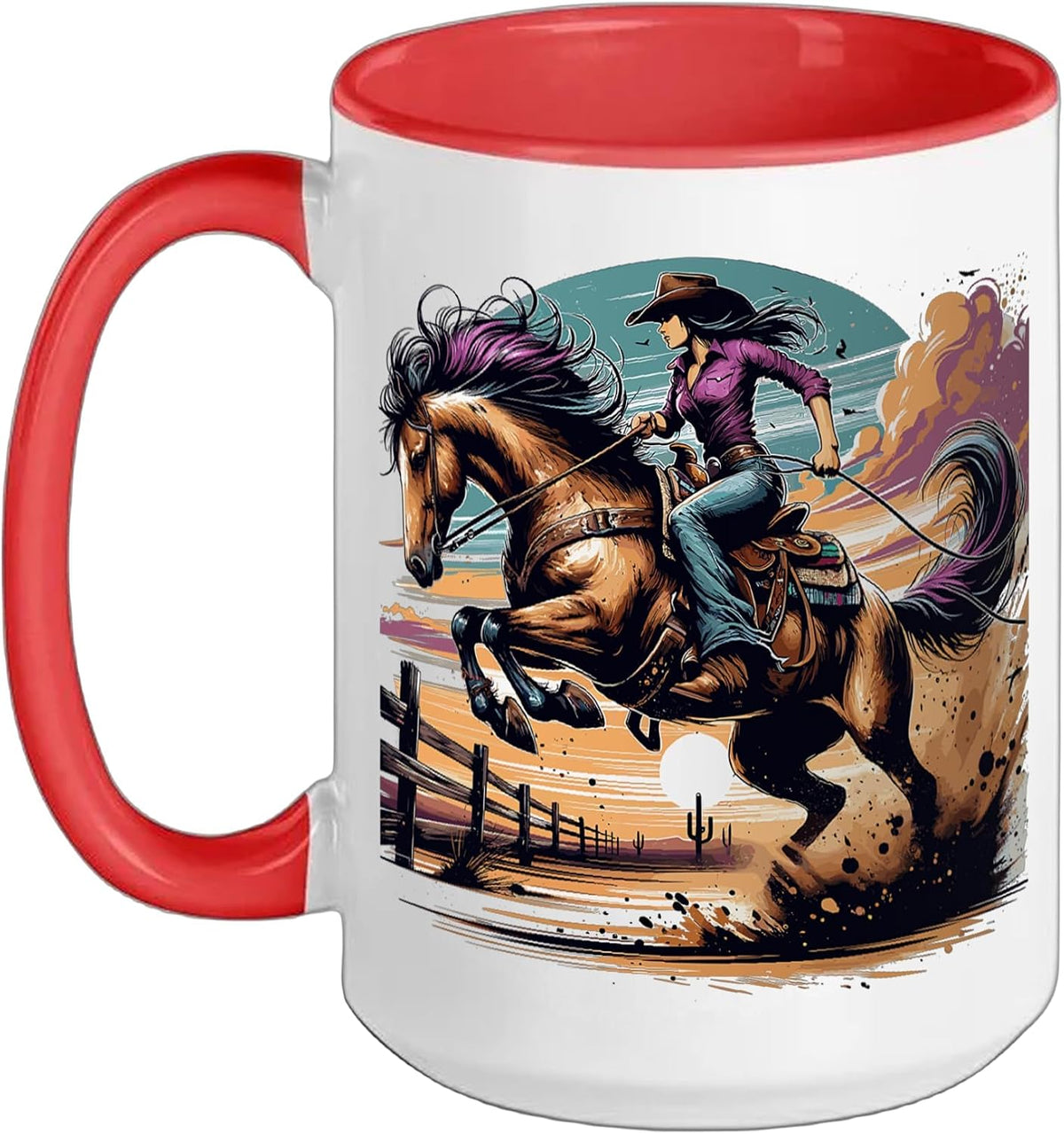 Retro Cowgirl Rodeo Bronco Bucking Western Horse Riding Ceramic Mug