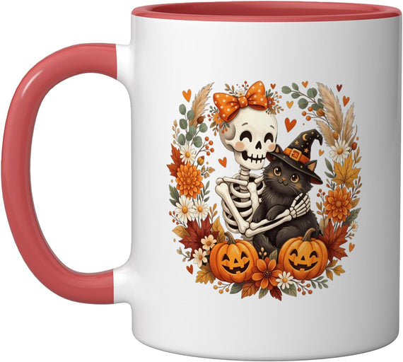 Skeleton Holding Cat Halloween Costume Spooky Season Ceramic Mug
