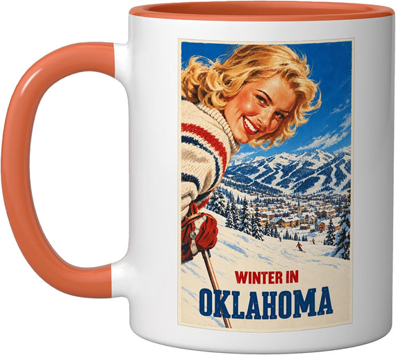 Winter in Oklahoma Funny Vintage Ski Poster Style Ceramic Mug
