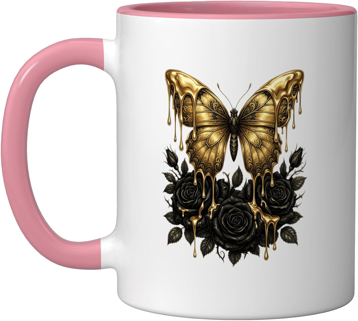 Golden Dripping Butterfly Over Black Roses Ceramic Mug
