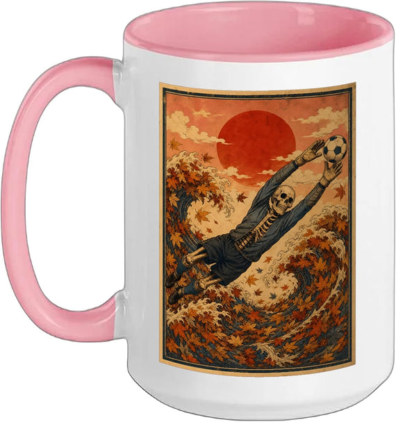 Halloween Soccer Skeleton Goalkeeper Diving Save Woodblock Ceramic Mug