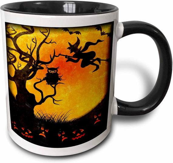 Witch Flying Over the Moon with Owl and Bats Halloween Ceramic Mug