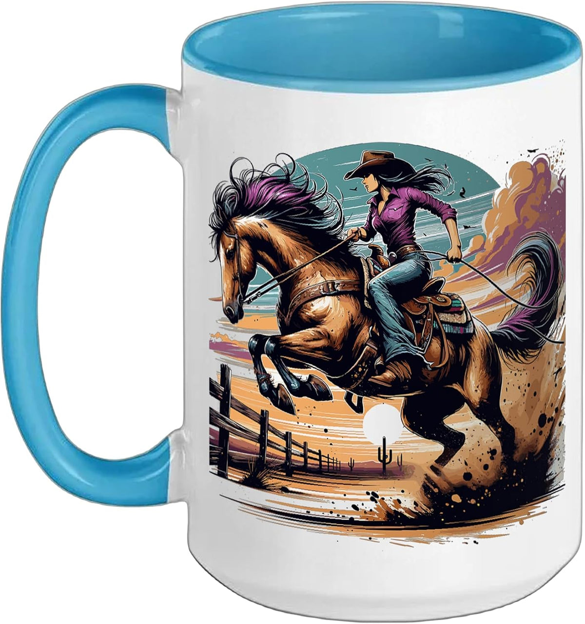 Retro Cowgirl Rodeo Bronco Bucking Western Horse Riding Ceramic Mug