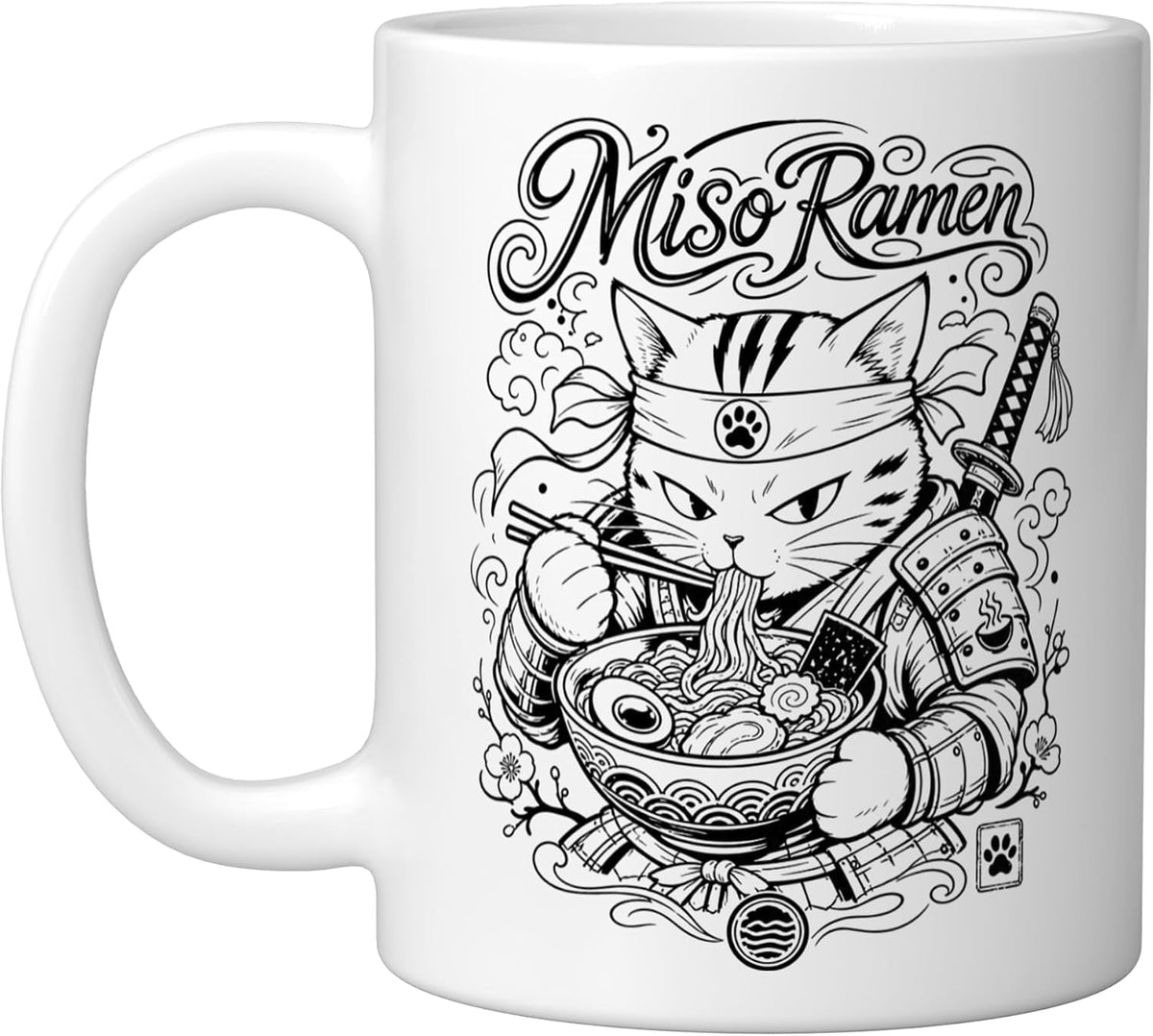 Miso-Ramen Noodles Cat Japan Graphic Samurai Warrior Manga Ceramic Mug