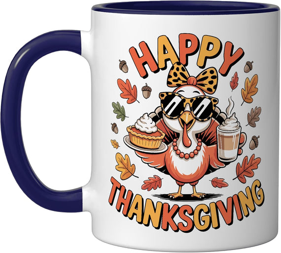 Turkey Drinking Ice Coffee Thanksgiving Bow Women Turkey Day Mug