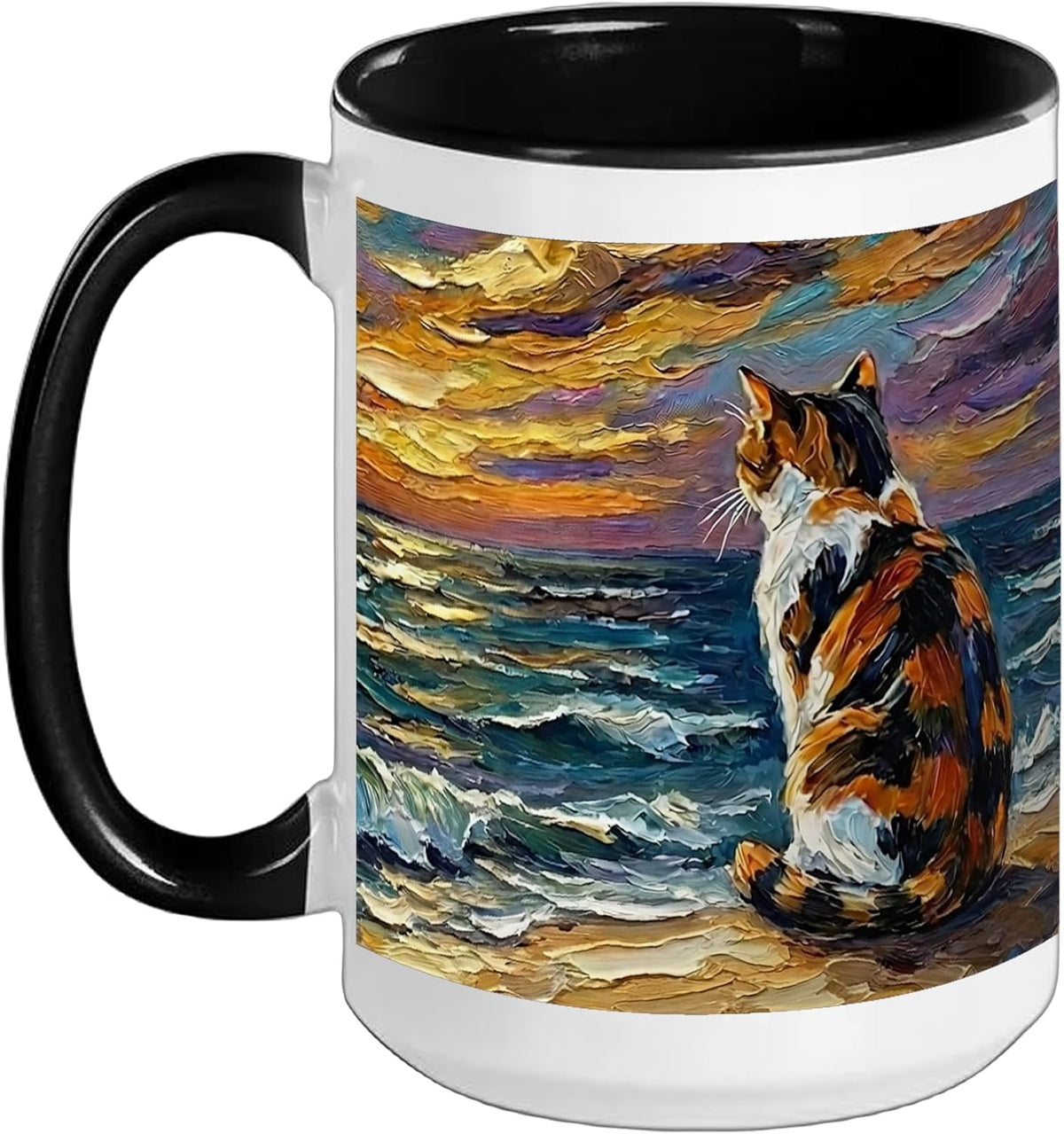 Calico Cat Starry Night Coastal Beach Sunset Artwork Ceramic Mug