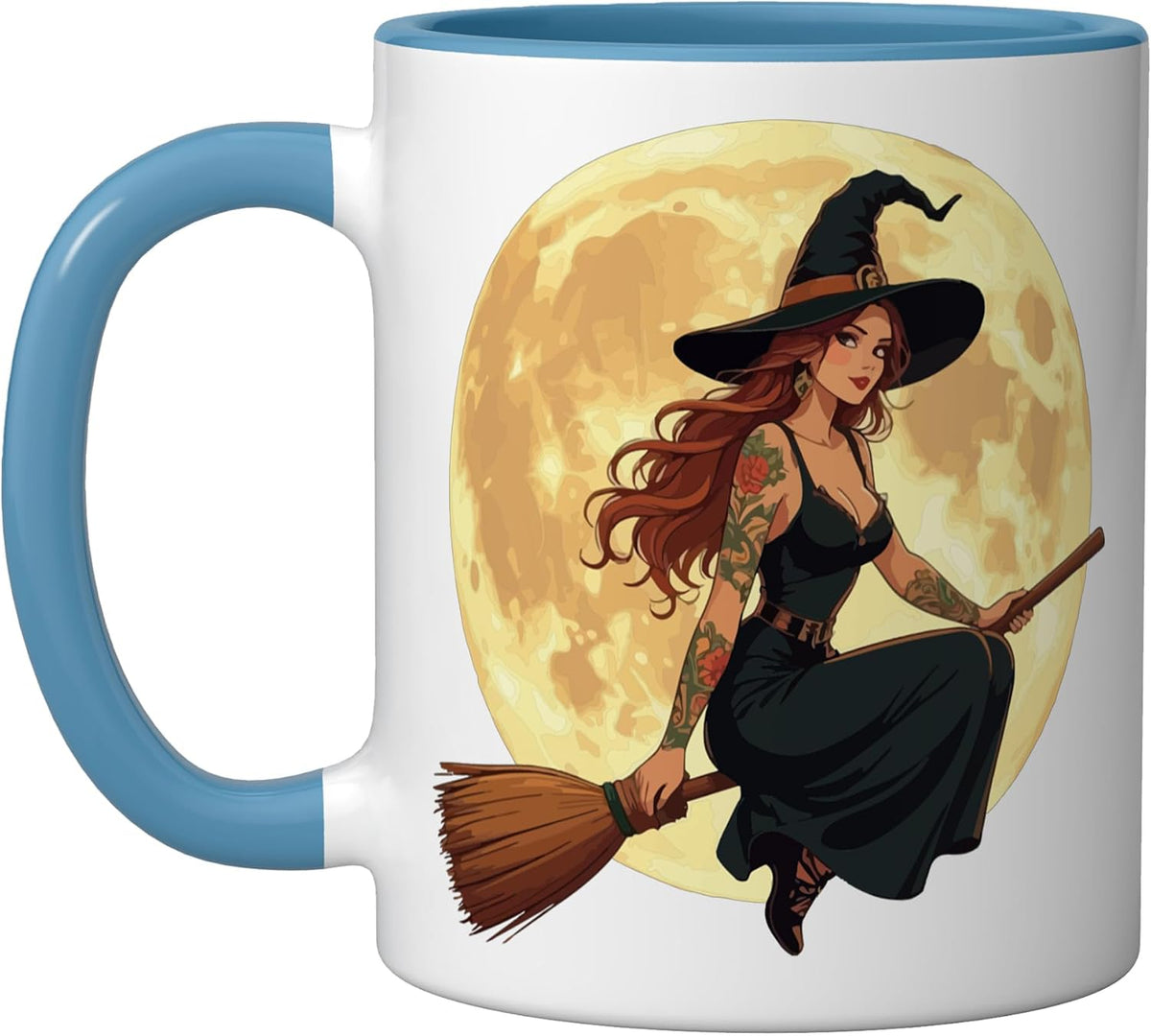 Tattooed Witch Sat Astride a Besom Halloween Design Ceramic Mug