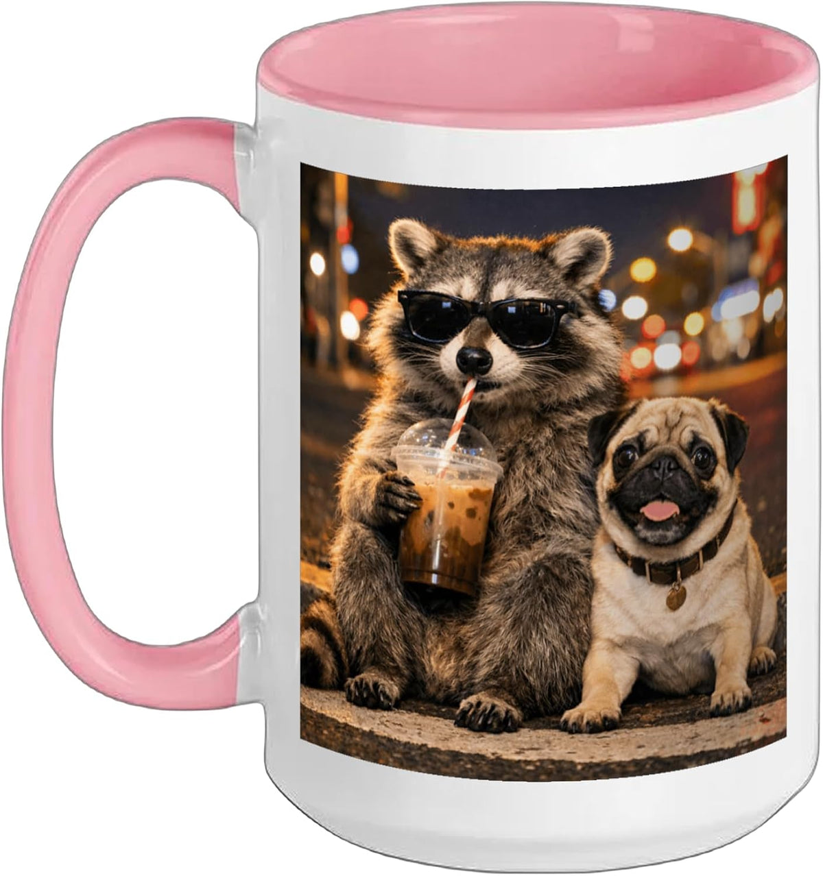 Raccoon Drinking Iced Coffee With Pug Meme Men Women Ceramic Mug