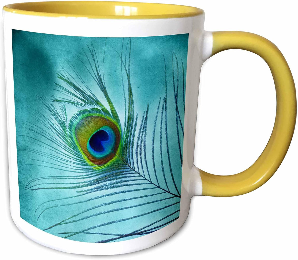 Peacock Feather On Turquoise Background Ceramic Mug