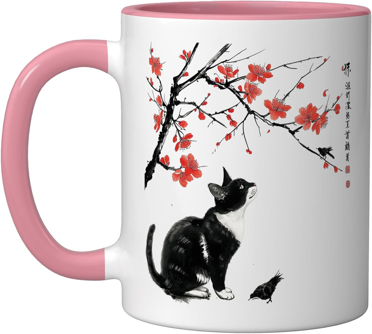Japanese Nature Art: Cat And Bird With Cherry Blossom Tree Ceramic Mug