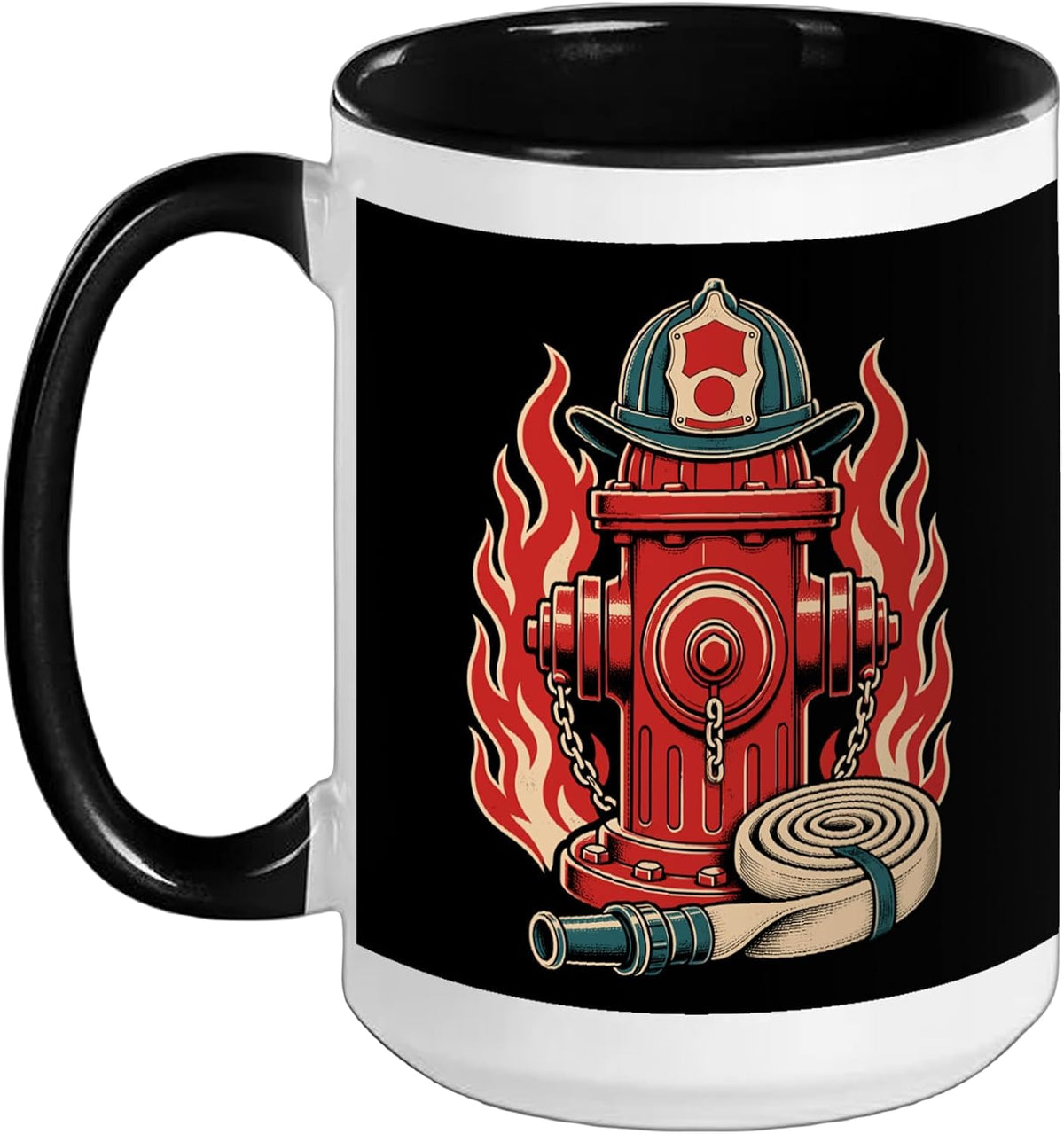 Firefighter Hydrant Helmet Flames Vintage Graphic Ceramic Mug