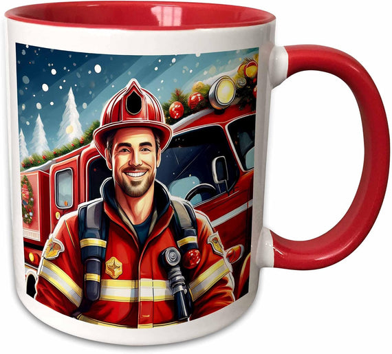 Santas Brigade Happy Male Fireman & Fire Christmas Ceramic Mug