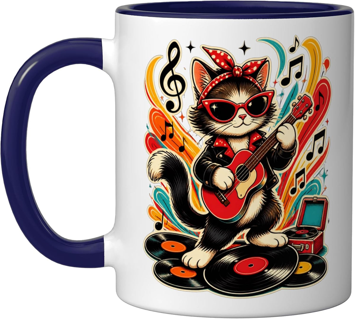 Cute Rockstar Cat Guitar Music Records Vintage Ceramic Mug
