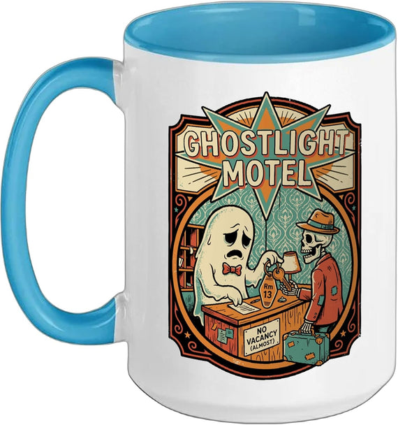 Ghostlight Motel Ghost Clerk Skeleton Guest Halloween Retro Mug