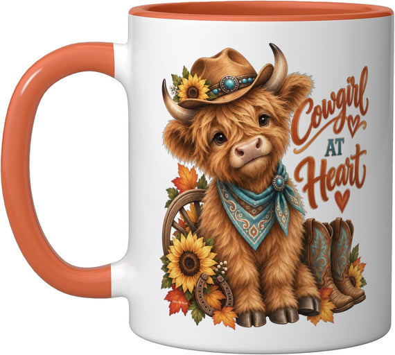 Cowgirl At Heart Cute Highland Cow Western Design Ceramic Mug