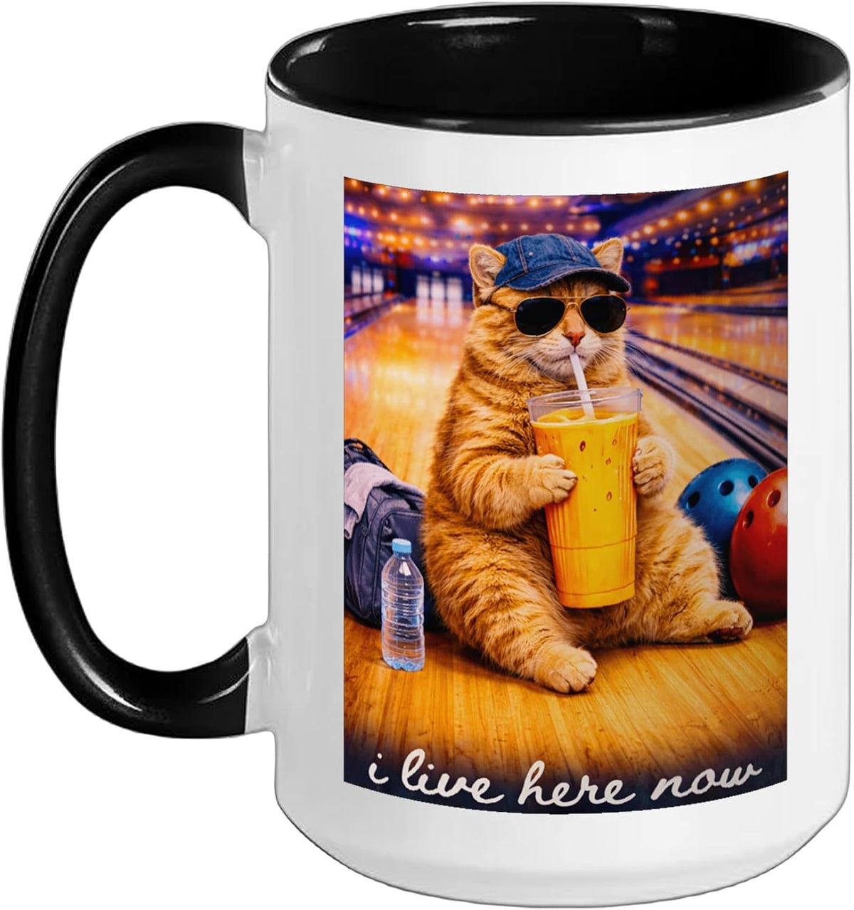Funny Cat Bowling I Live Here Now Ceramic Mug