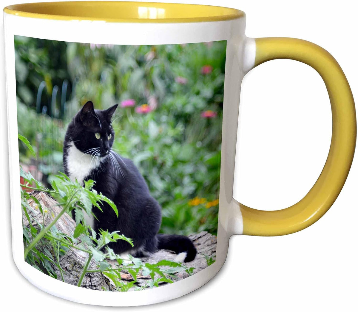 Pretty Female B&W Tuxedo Cat In The Garden Ceramic Mug