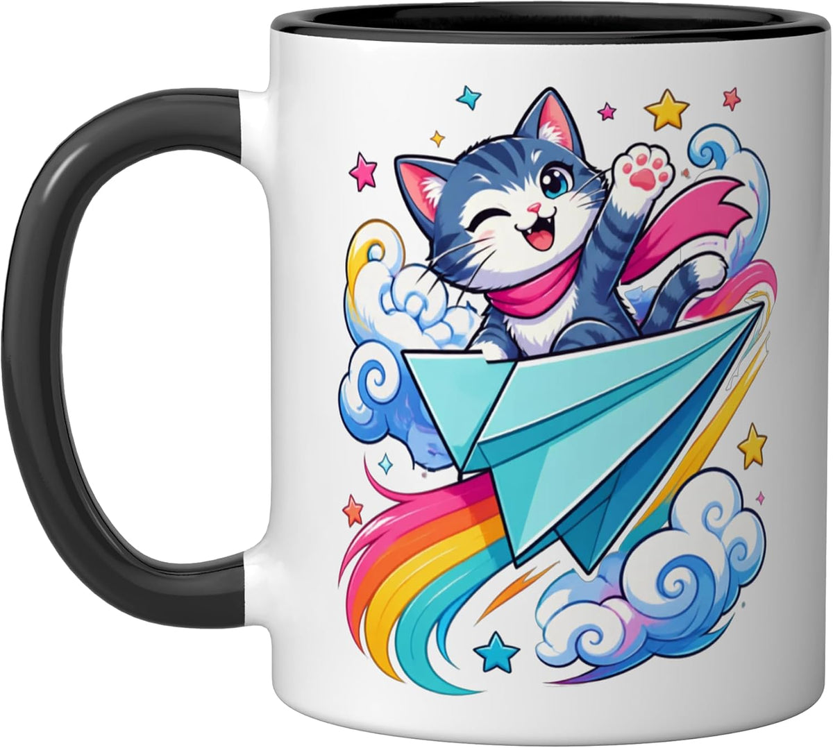 Cute Cat Paper Airplane Rainbow Clouds Dream Ceramic Mug