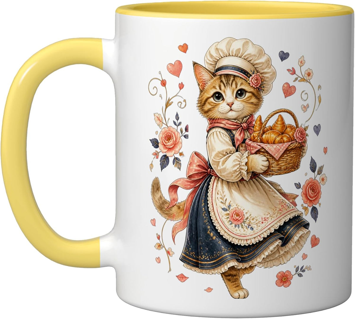 Cute Cat Baker Croissant Basket French Chef Ceramic Mug