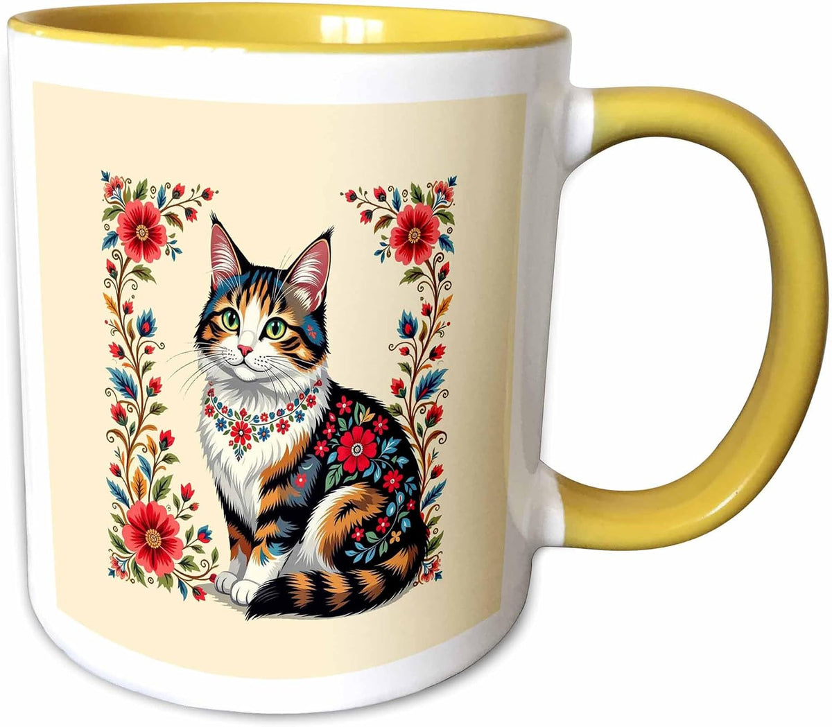 Elegant Magic Cat Decorated With Flowers Ceramic Mug